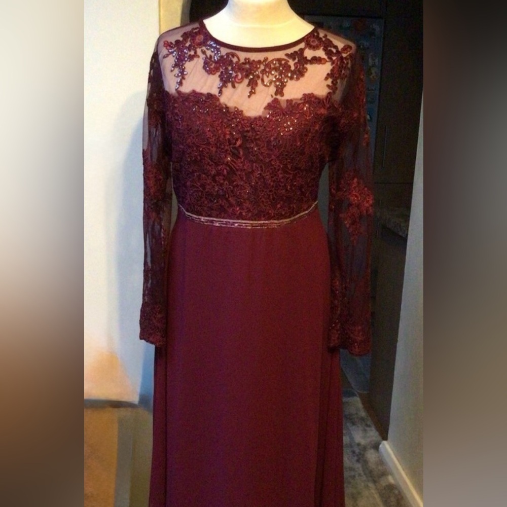 Maroon Roiii Formal Floral Embroidery Long Sleeve Dress